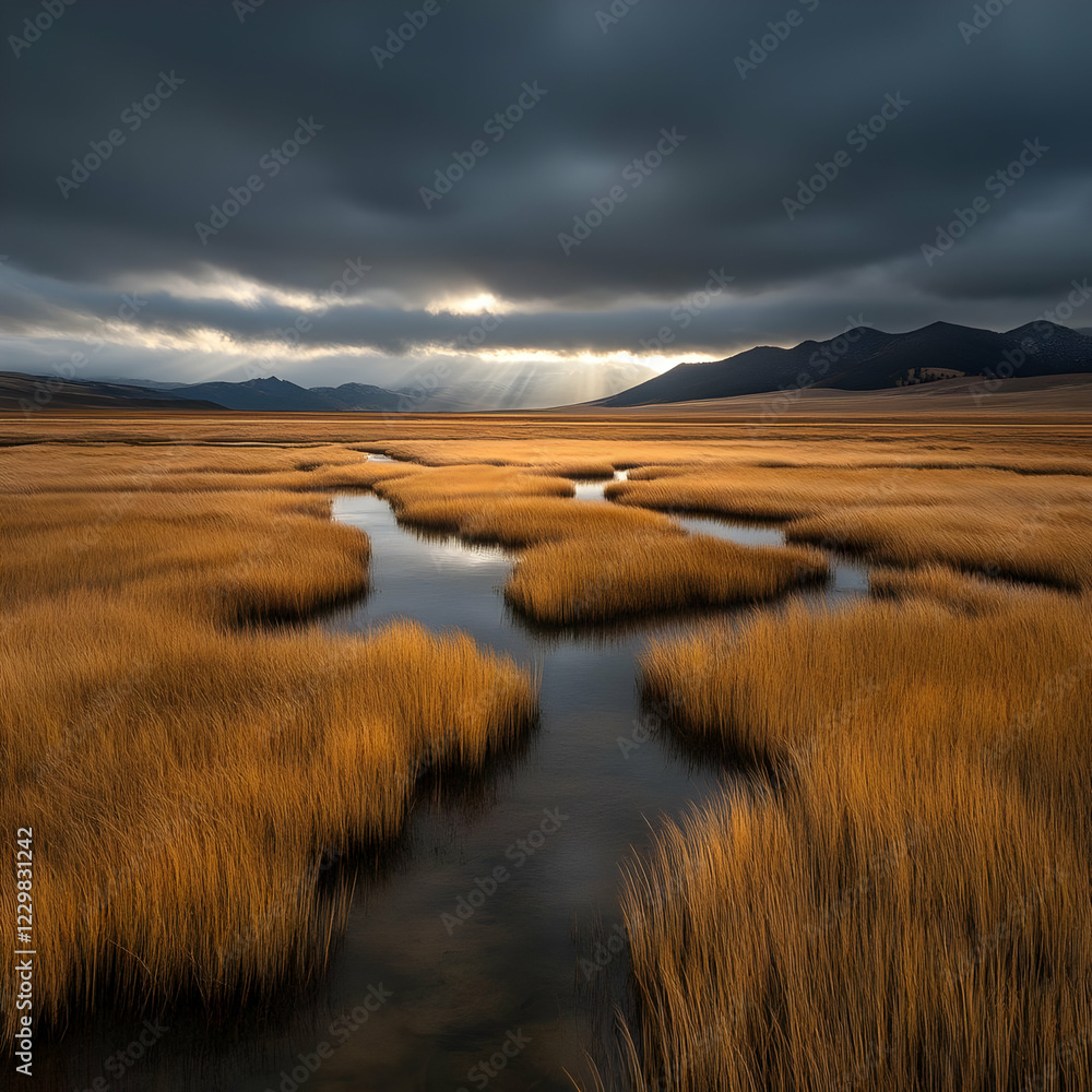 Sun rays pierce clouds over autumnal wetland Sun rays pierce clouds over autumnal wetland