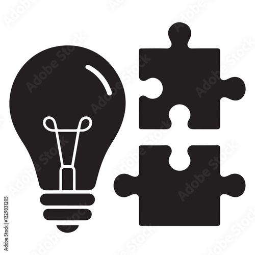 Solution flat icon vector set silhouette. Containing problem solving, light bulb, idea, strategy, creativity, innovation, meeting, teamwork, connecting, management, puzzle