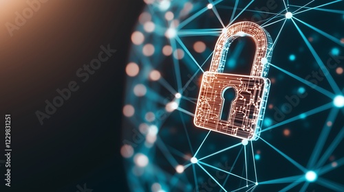A futuristic glowing padlock is integrated into a digital network, symbolizing cybersecurity, data protection, and secure online connections