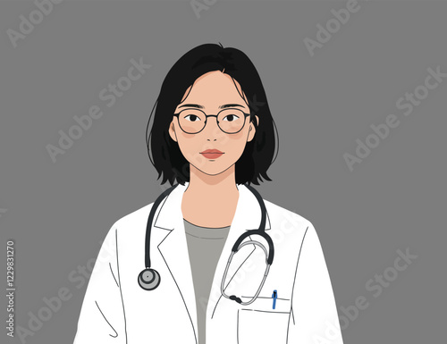 Illustration of a beautiful female doctor in white coat, gray background