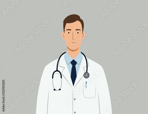 Illustration of an young male doctor in a white coat, grey background