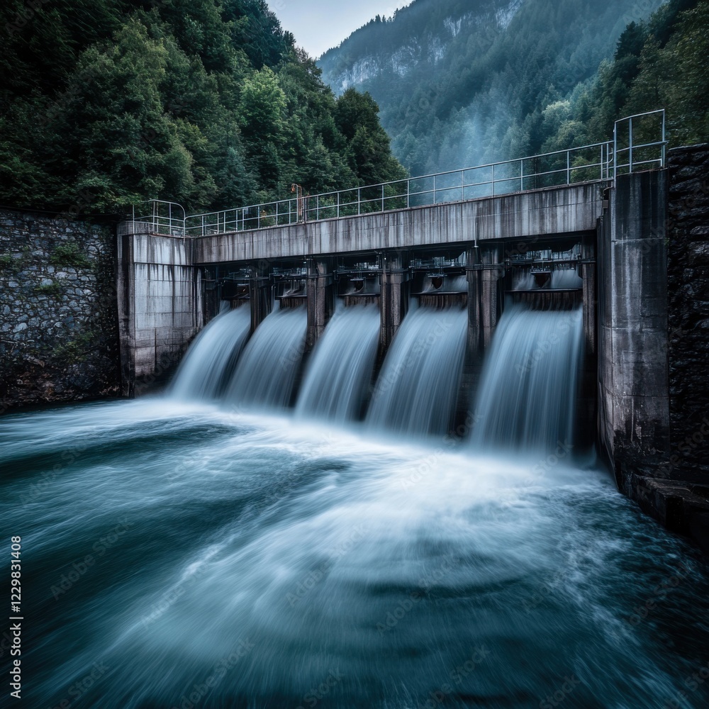 Serene Water Flow at Dam with Lush Mountains in Background Serene Water Flow at Dam with Lush Mountains in Background
