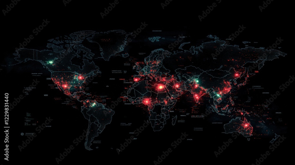 Obraz premium Global Performance Map Displaying Bright Green and Red Lights Across Continents