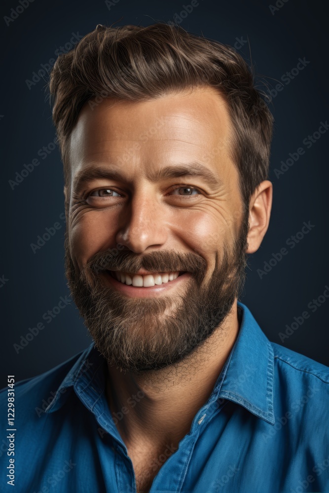 Obraz premium smiling man with beard and blue shirt on dark background