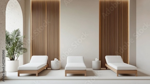 Luxury vacations with spa and relaxation. Modern spa area featuring wooden loungers and natural decor.