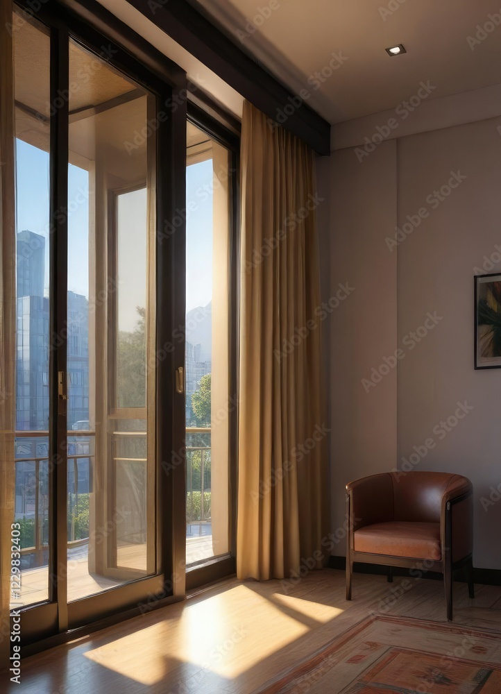 Fototapeta premium Morning light peeking through the hotel window , daytime illumination, unmade bed in the background, natural light