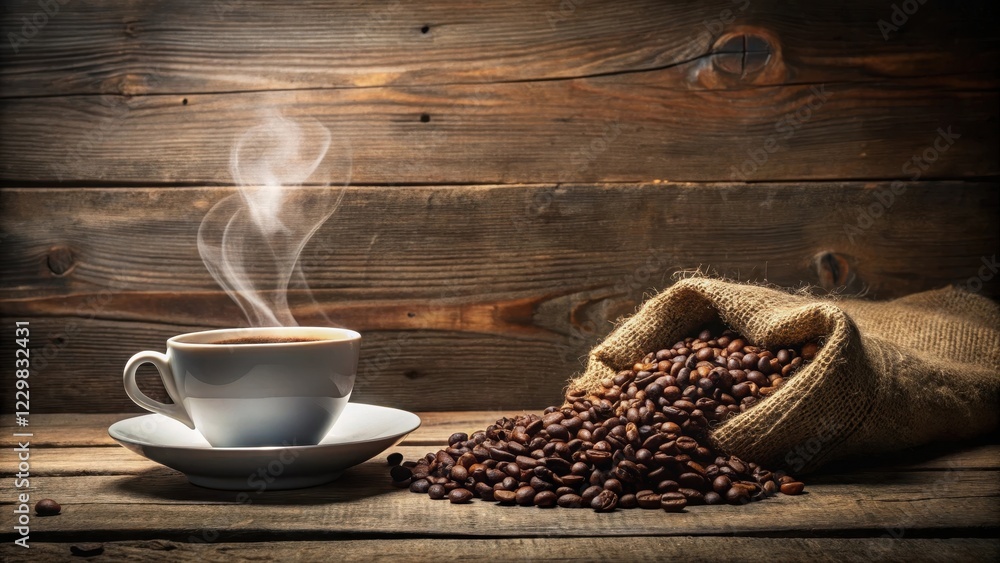 Naklejka premium A cup of coffee with a heart-shaped smoke rising from it, sitting on a burlap sack surrounded by coffee beans, against an old wooden background , burlap sack, heart shape