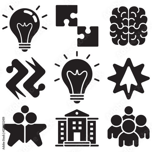 Solution flat icon vector set silhouette. Containing problem solving, light bulb, idea, strategy, creativity, innovation, meeting, teamwork, connecting, management, puzzle