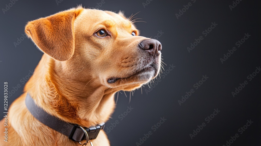 Golden dog profile portrait with dark background and gray collar looking to the side Golden dog profile portrait with dark background and gray collar looking to the side