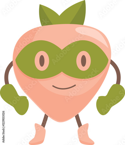 Cartoon peach superhero character wearing a mask and gloves is standing and smiling