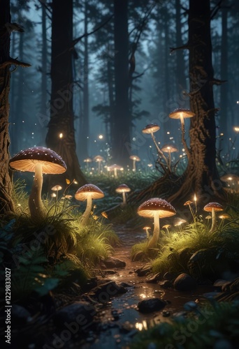 Mystical forest at night with glowing mushrooms and fireflies, enchanting environment, glowing mushrooms