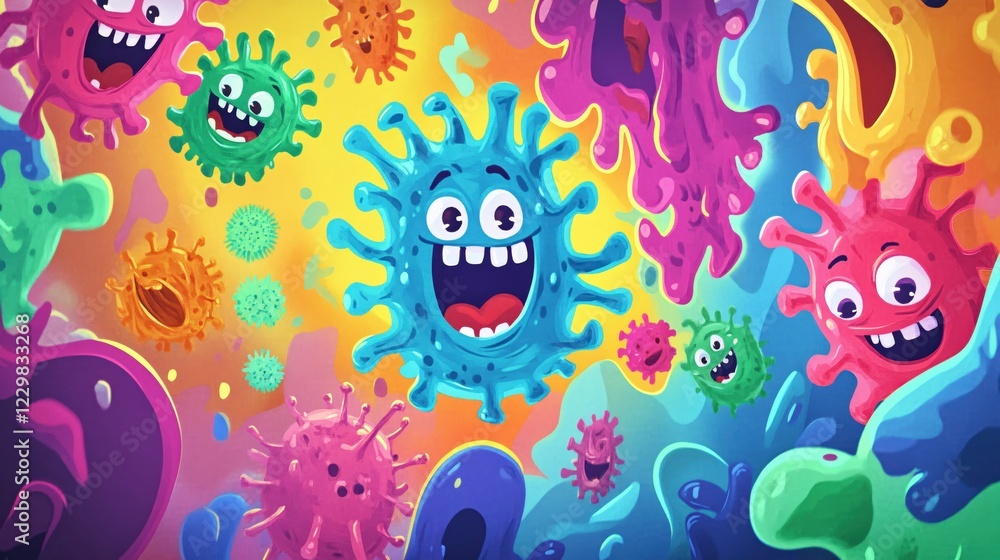 Colorful cartoon virus cells with happy expressions on a vibrant abstract background Colorful cartoon virus cells with happy expressions on a vibrant abstract background