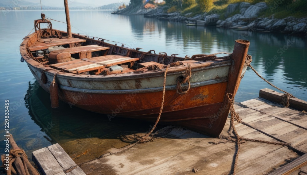 Obraz premium Old boat with rusty metal mooring at the dock, sea, dock, ship