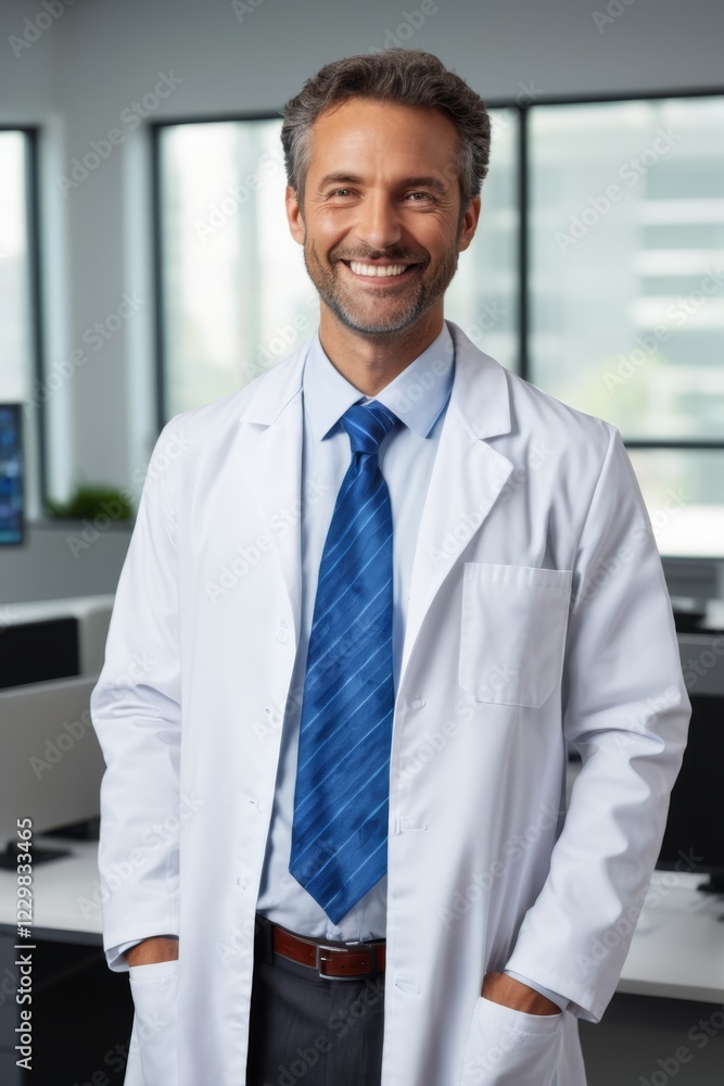 arafed man in a lab coat and tie standing in an office arafed man in a lab coat and tie standing in an office