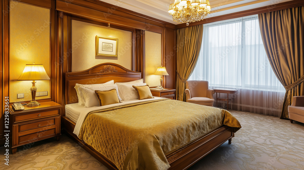 Luxurious hotel bedroom with classic wooden furniture. Ideal for hospitality, luxury accommodation, and interior design. Luxurious hotel bedroom with classic wooden furniture. Ideal for hospitality, luxury accommodation, and interior design.