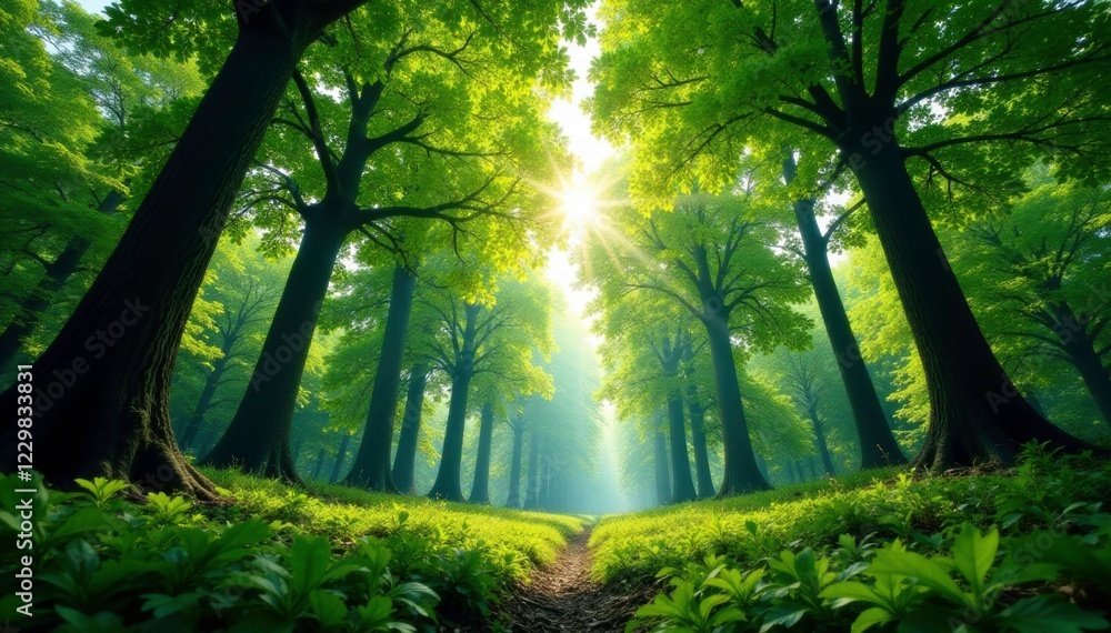 Obraz premium Towering trees above the undergrowth with leaves, leafy greens, tree tops, natural scenery