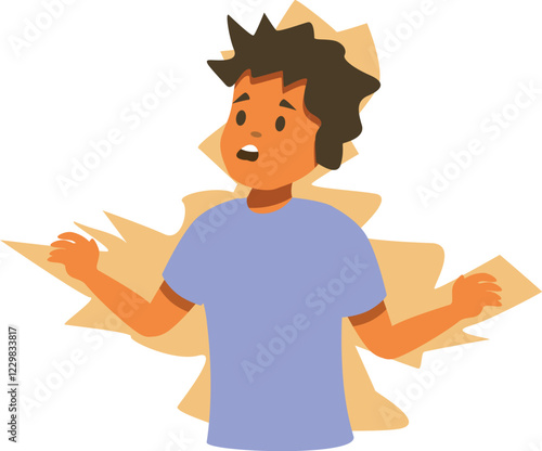 Surprised boy with spiky hair and blue t shirt reacting to shocking news, expressing astonishment and disbelief