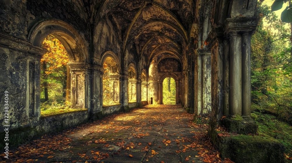 Fototapeta premium Autumnal Ruins: A Mystical Walk Through Time