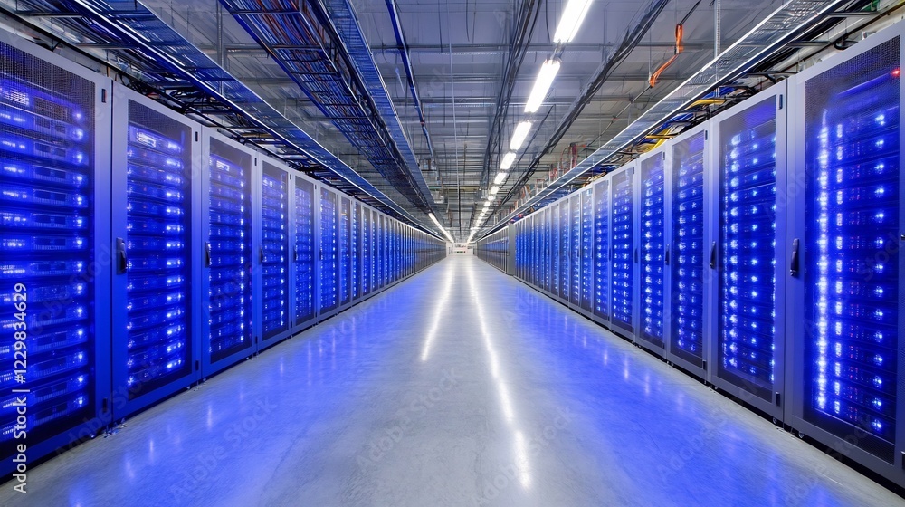 Fototapeta premium Data center servers illuminate hallway; tech infrastructure; use technology, business