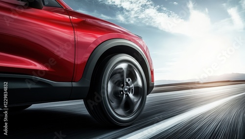 A shiny red sports car is parked on the side of the road during sunset