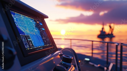 Sunset Navigation: Modern Yacht's GPS Chart Display at Golden Hour