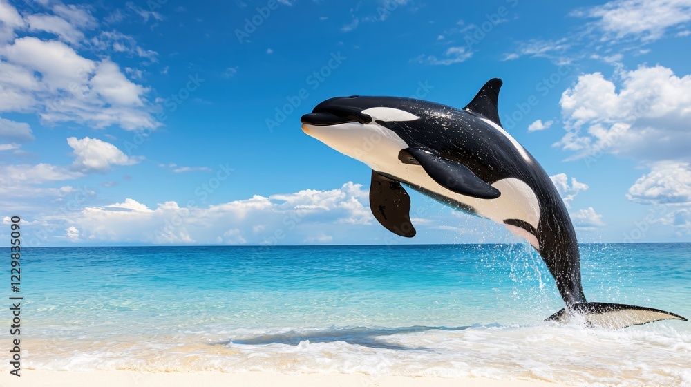 Orca Whale Leaping Ocean Beach Summer Sky Joyful Scene Orca Whale Leaping Ocean Beach Summer Sky Joyful Scene