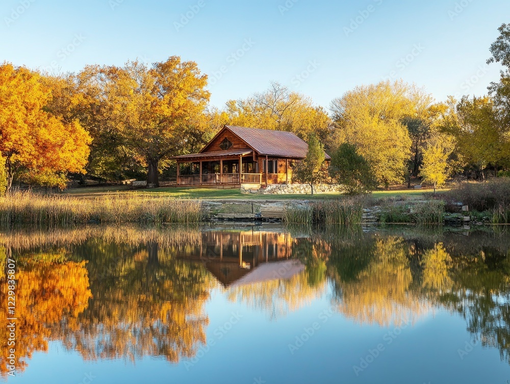 Fototapeta premium A serene autumn landscape featuring trees with warm golden leaves, a wooden cabin and a peaceful lake reflecting the scenery