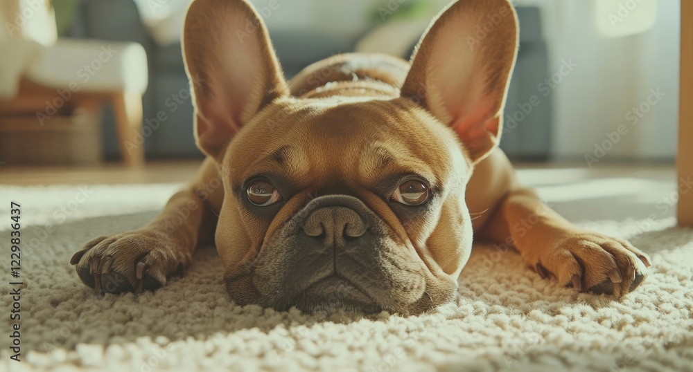 A close-up of a French Bulldog lying on a beige carpet in a brightly lit living room. A close-up of a French Bulldog lying on a beige carpet in a brightly lit living room.