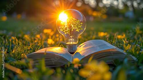 A glowing tree growing from an open book in a dark background, symbolizing knowledge, education, wisdom, and the power of learning for personal growth and intellectual development photo