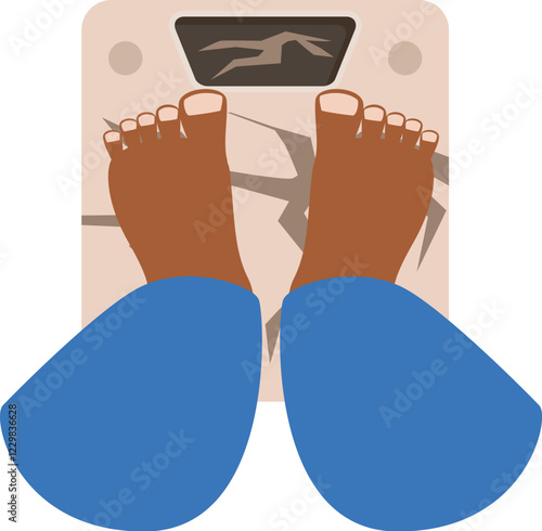 Bare feet standing on broken weighing scale symbolizing successful dieting and weight loss goals