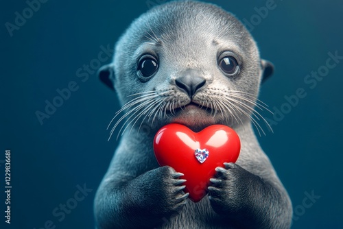 Cute sea lion baby with diamond red heart - emblem of love, funny greeting card. Ad concept art. Sea lion - my desired animal. Promotion concept. Animals in love poses. Zoo love themes. photo