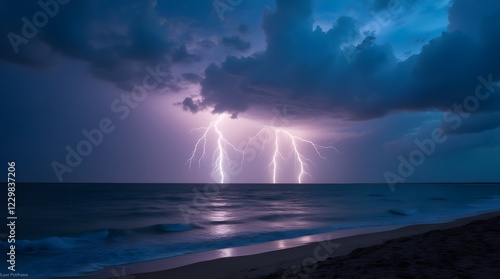 Basions of lightning on the horizon of the sea. Thickening clouds above the calm sea. Storm in the sea. A strong thunderstorm over the waters of the sea.