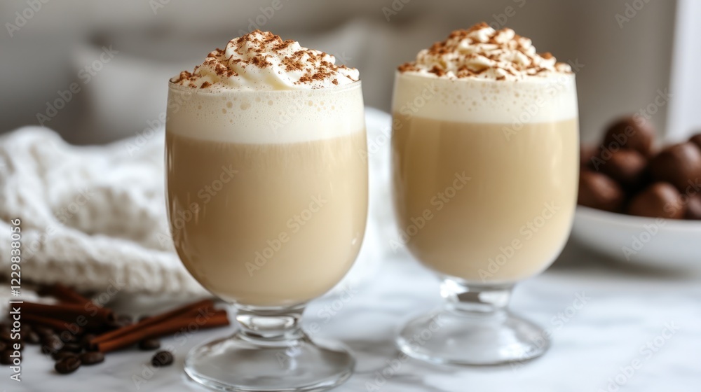 Two creamy coffee drinks topped with whipped cream and cinnamon. Two creamy coffee drinks topped with whipped cream and cinnamon.