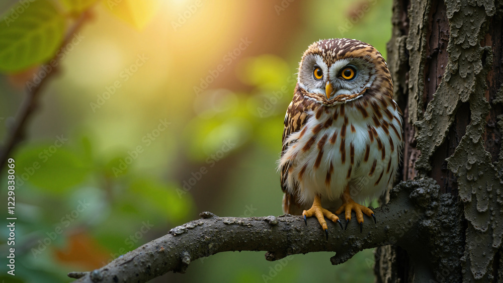 A captivating stock photo of a little owl perched on a rugged tree branch in a lush green forest at dawn, perfect for wildlife conservation campaigns, educational materials, birdwatching blogs, or eco A captivating stock photo of a little owl perched on a rugged tree branch in a lush green forest at dawn, perfect for wildlife conservation campaigns, educational materials, birdwatching blogs, or eco