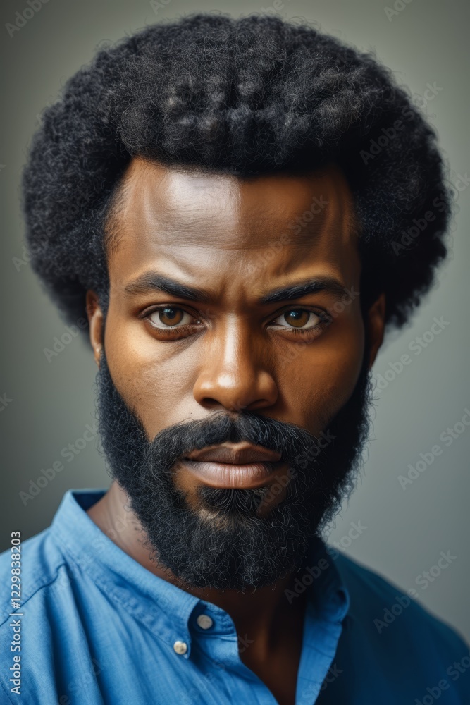 Fototapeta premium arafed man with a beard and a blue shirt looks at the camera