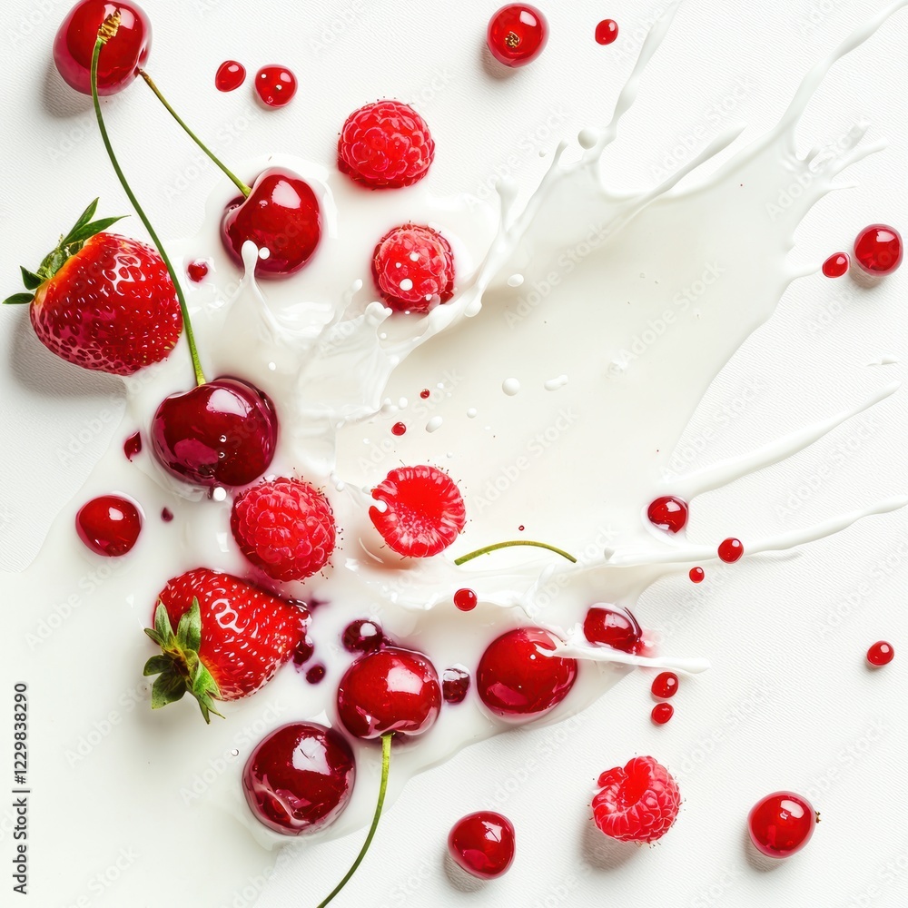Fresh white milk splashing with a burst of red strawberries, cherries, and raspberries, bright white background Fresh white milk splashing with a burst of red strawberries, cherries, and raspberries, bright white background