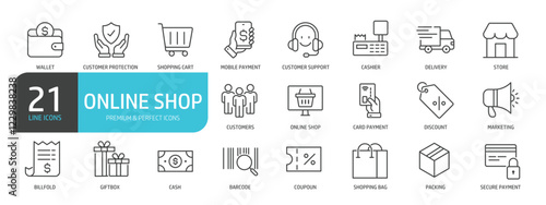 Set of line icons related to online shopping, e-commerce, shop, store. Outline icons collection. Editable stroke. Vector illustration.