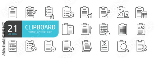 Set of line icons related to clipboard, document, form, report. Outline icons collection. Editable stroke. Vector illustration.