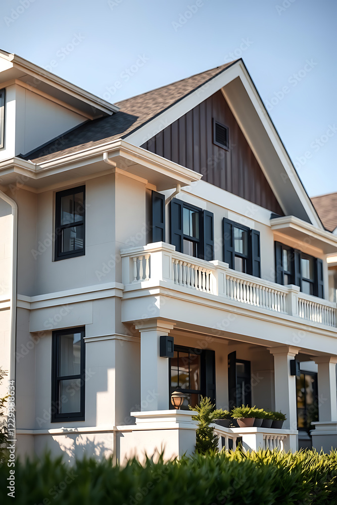 Luxury House Exterior: Modern Home Design and Architecture. View of a beautiful house with a balcony, columns, and classic design elements. Real estate photography.