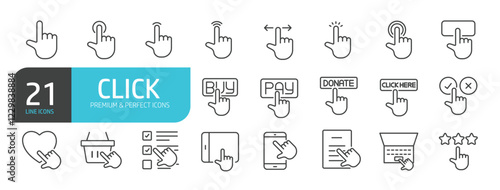 Set of line icons related to hand, pointer, click, cursor, gesture. Outline icons collection. Editable stroke. Vector illustration.