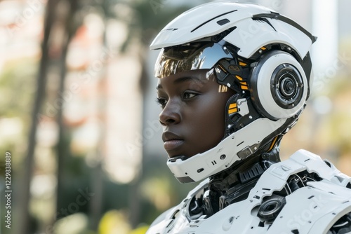 A robotics engineer testing a prototype robot, showcasing its functions with confidence and technical proficiency