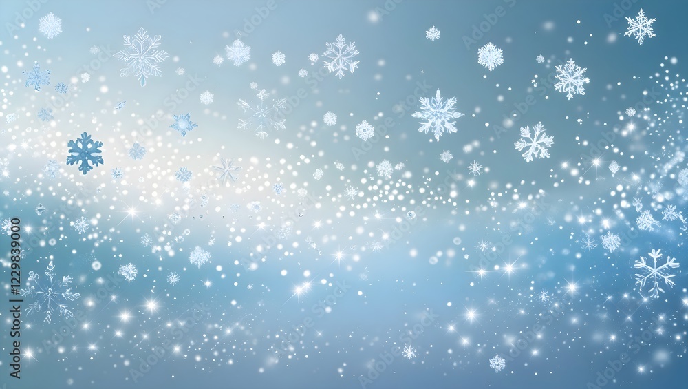 Fototapeta premium A cool, icy-blue frosty background with snowflakes and glowing particles.