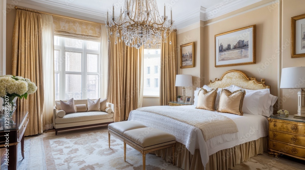 High-end bedroom with golden furniture and a grand chandelier as the focal points, paired with soft neutral walls for a sophisticated backdrop. High-end bedroom with golden furniture and a grand chandelier as the focal points, paired with soft neutral walls for a sophisticated backdrop.