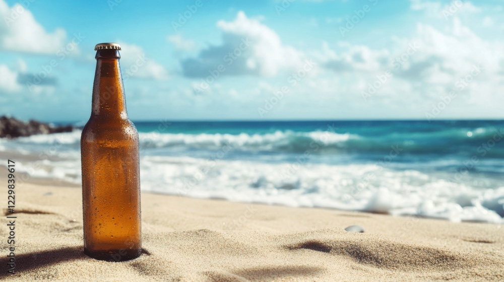 Amber Beer Bottle on Sandy Beach with Ocean View and Blue Sky Amber Beer Bottle on Sandy Beach with Ocean View and Blue Sky