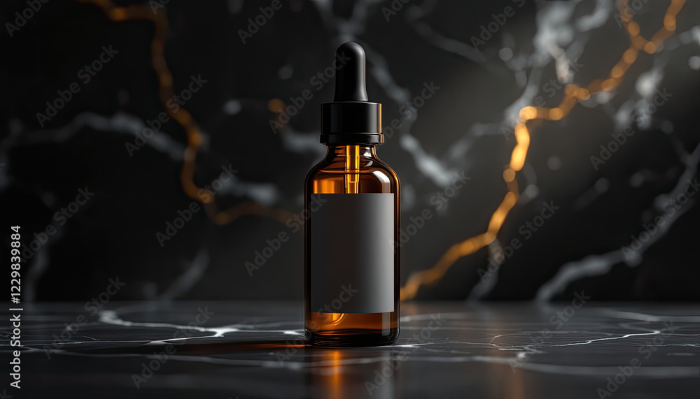 Amber Glass Dropper Bottle with Blank Label on Marble Surface