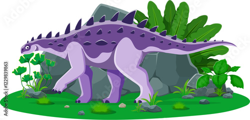Struthiosaurus prehistoric dinosaur cartoon character of paleontology science. Isolated vector ancient herbivorous reptile animal in natural landscape with plants and rock. Late Cretaceous era lizard
