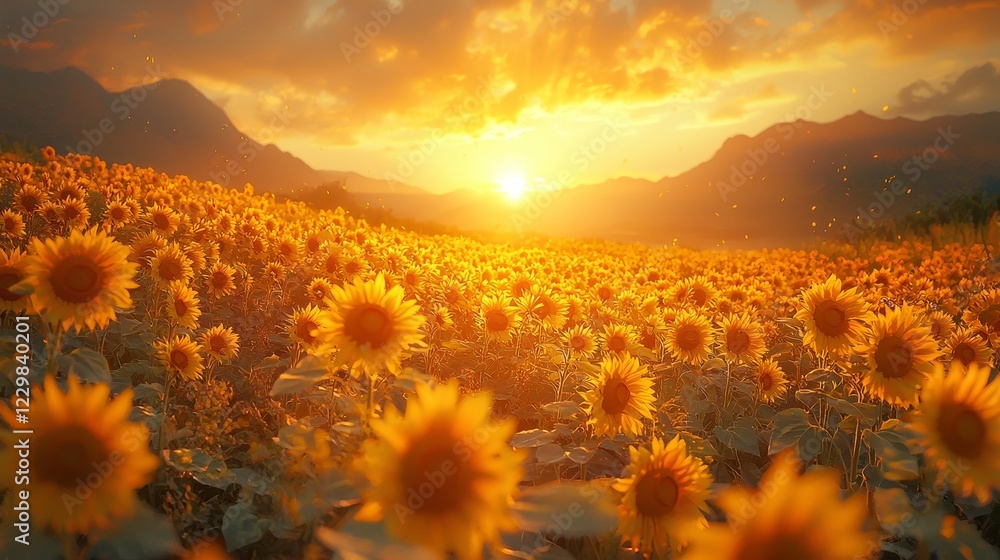 Fototapeta premium A breathtaking sunset over a vibrant sunflower field, showcasing the golden hues and natural beauty of a tranquil landscape.