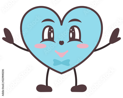 Blue male character in heart shape. Symbol of love with arms and legs, smile on face, in bow tie. Color vector illustration. Isolated white background. Kawaii style. Idea for web design.