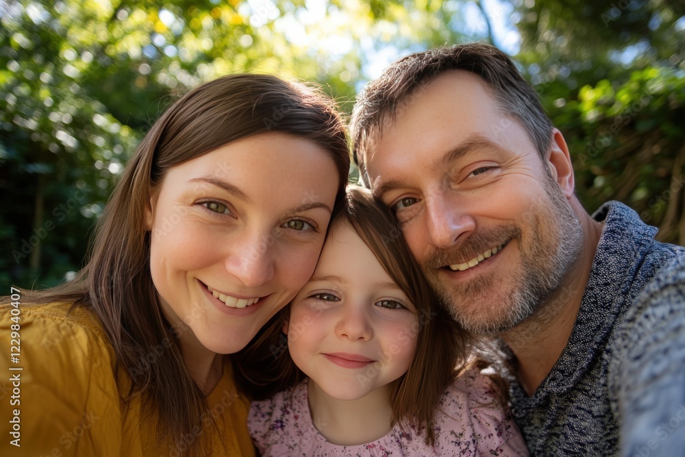 Obraz premium A happy family is joyfully taking a selfie together in a park
