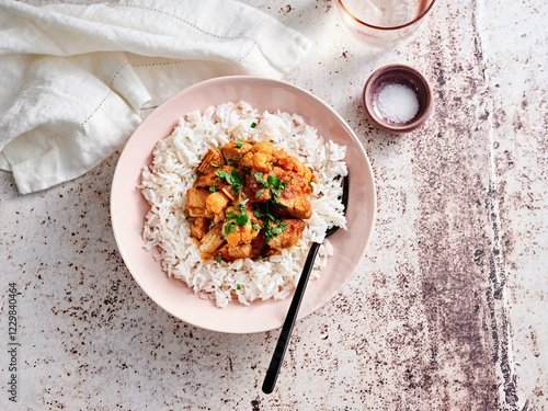 Tender chicken pieces simmer with aromatic spices, served over a bed of fluffy white rice. Fresh herbs garnish the dish, adding a pop of color and flavor